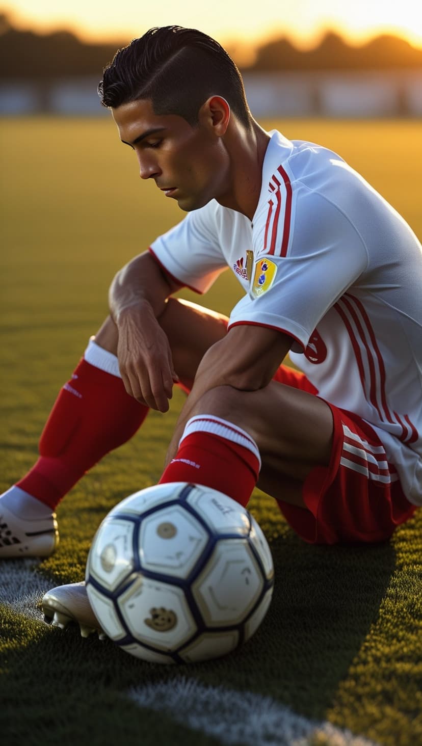 Soccer player in a red and white kit sits on a grassy field with a ball at sunset under a golden sky.