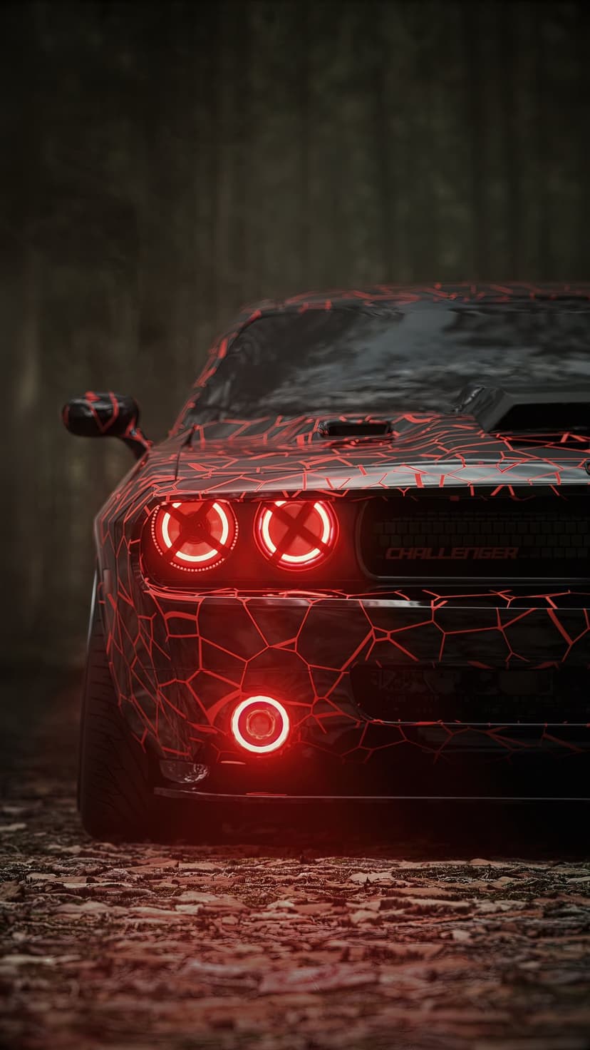 Dodge Challenger with glowing red headlights and cracked patterns parked on a dark, misty forest floor at night.