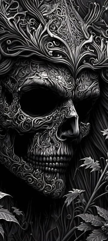 Ornate Skull with Floral Details and Dark Background