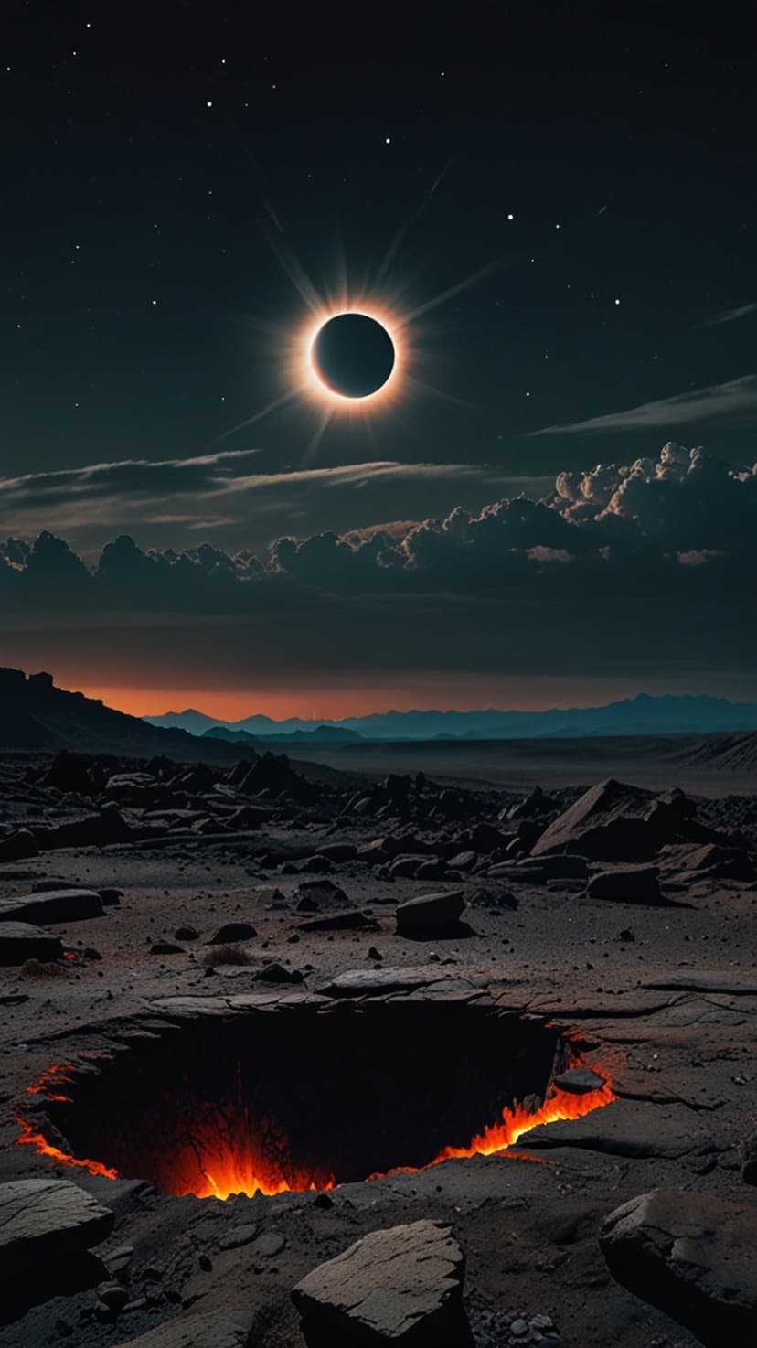 Total solar eclipse with a glowing white corona hangs above a dark volcanic crater filled with bubbling red lava.