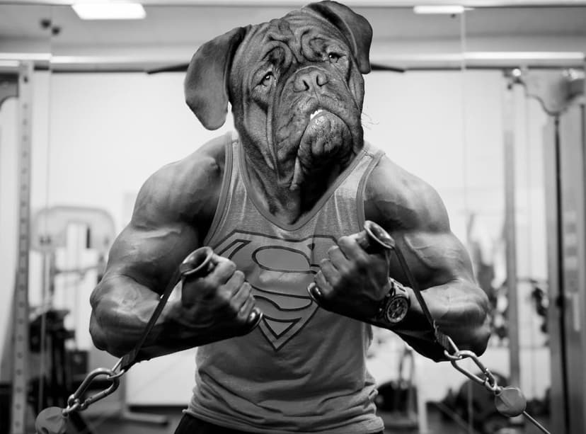 Muscular Dogue de Bordeaux in a Superman tank top pulls gym cables, showing bicep and chest muscle definition.