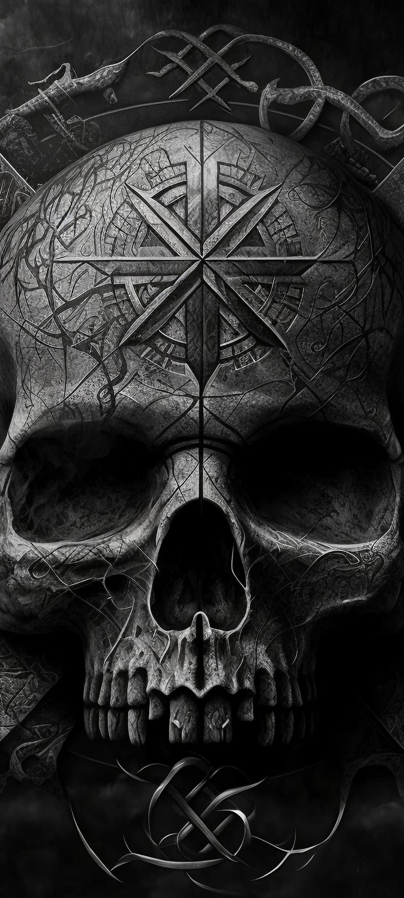 Weathered human skull with etched Norse runes and circular engravings against a dark, shadowy background.
