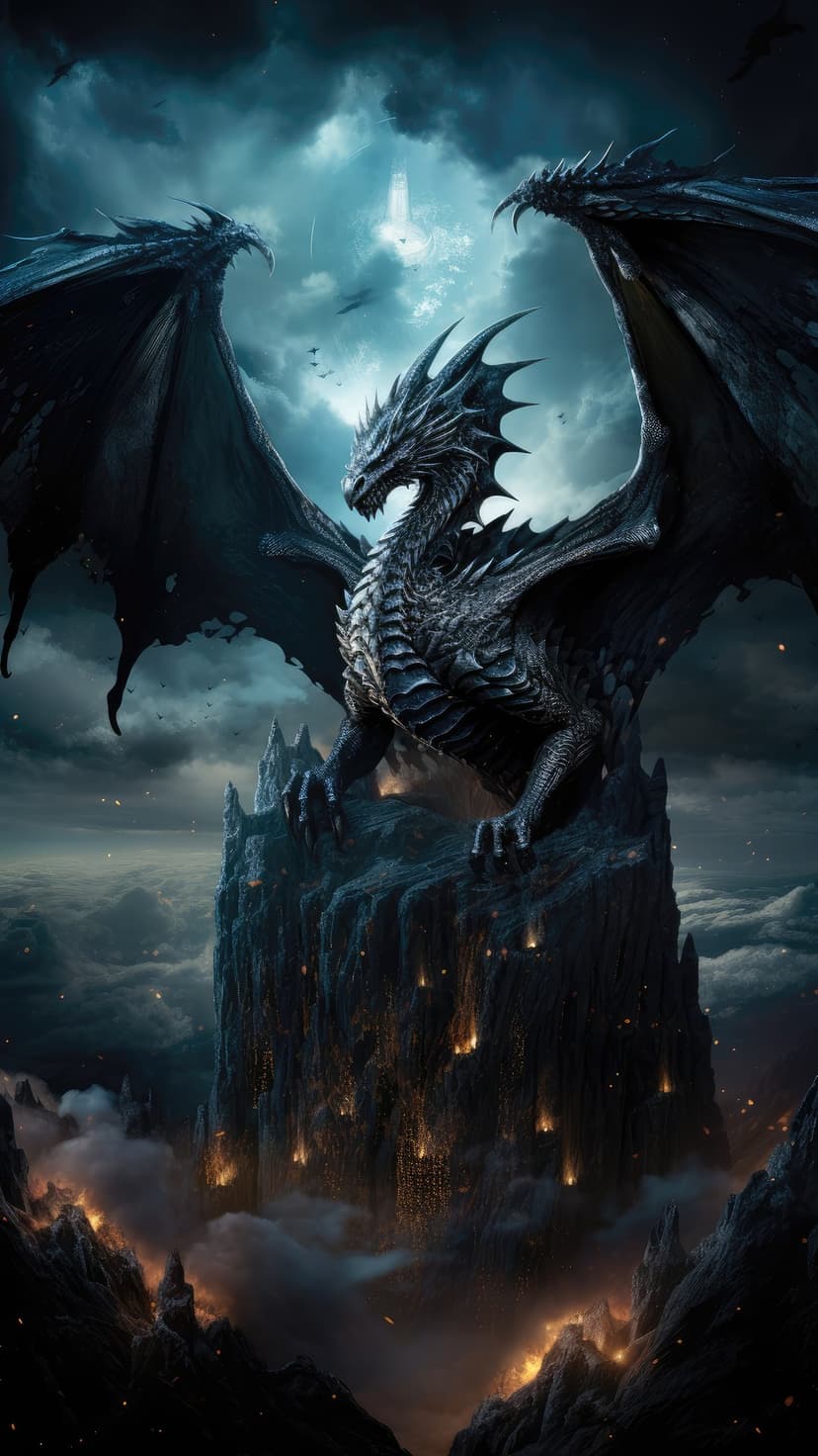 Black dragon with huge wings perches on a jagged cliff above glowing orange embers and misty mountain peaks.