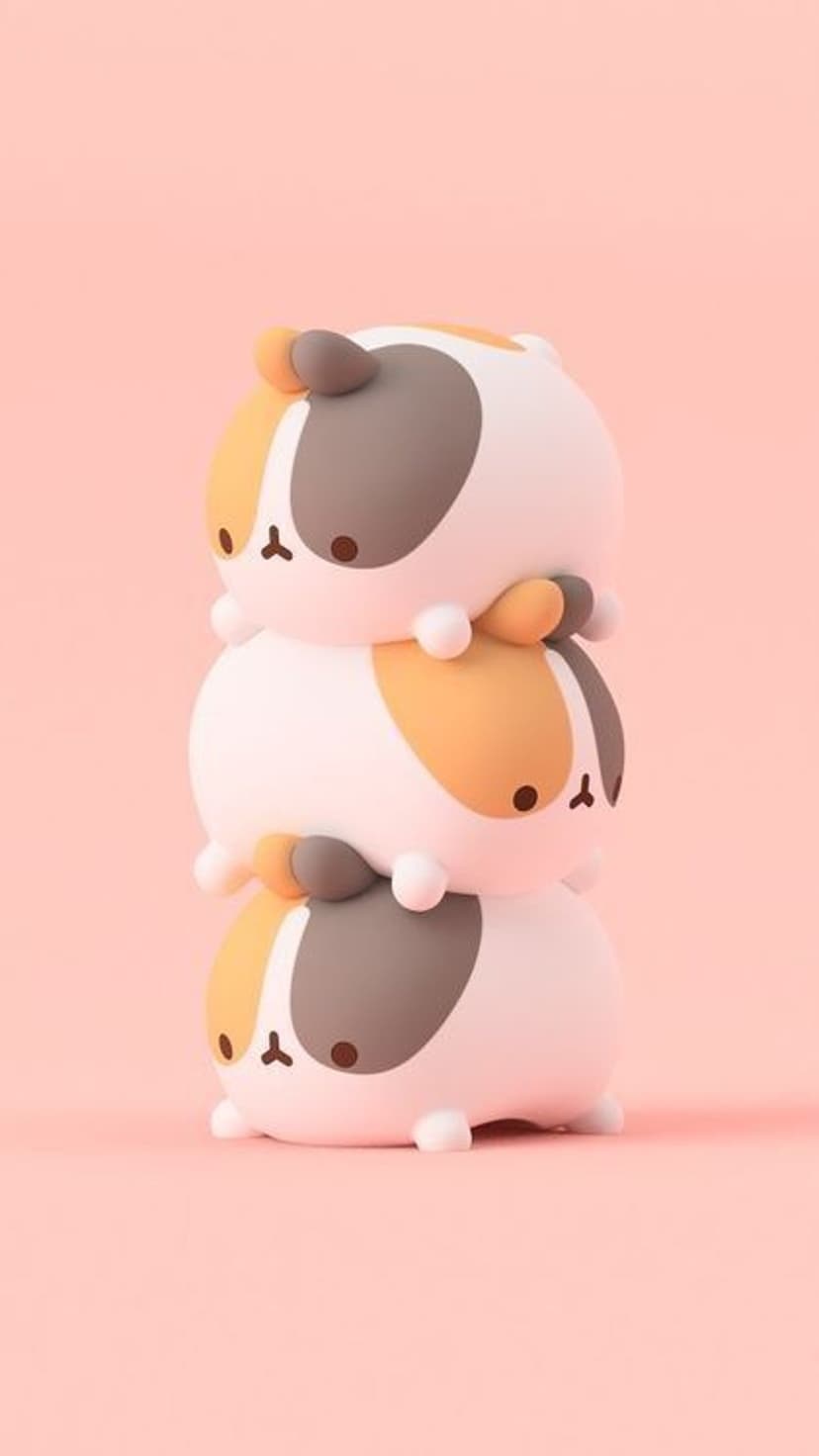 Three round calico kittens stacked vertically on a soft pink background with simple facial features and fur spots.