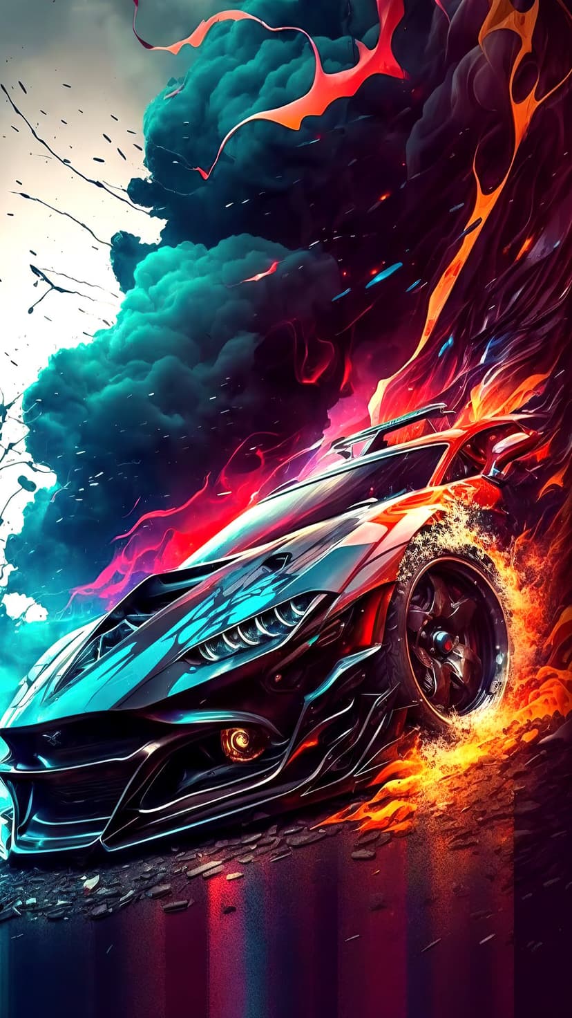 Sleek futuristic supercar racing through thick orange flames and turquoise smoke trails with glowing headlights.