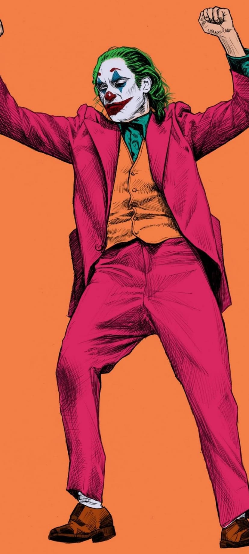 Arthur Fleck in a pink suit and clown makeup dances with arms raised against a bright orange background.