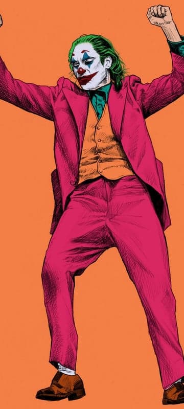 Joker in Pink Suit Dancing with Raised Fists