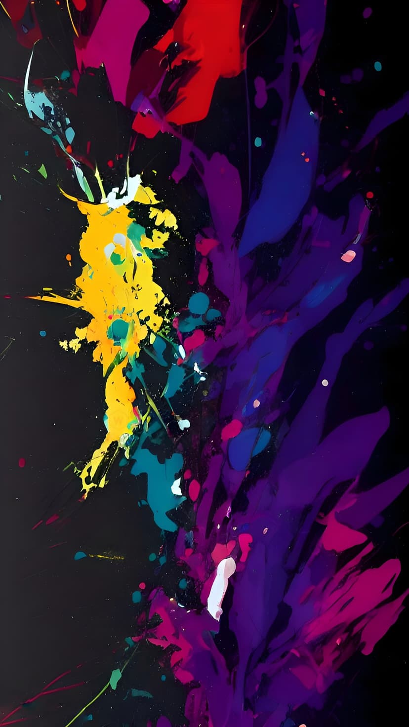 Yellow and purple paint splashes collide against a black background with dynamic teal and pink textured droplets.