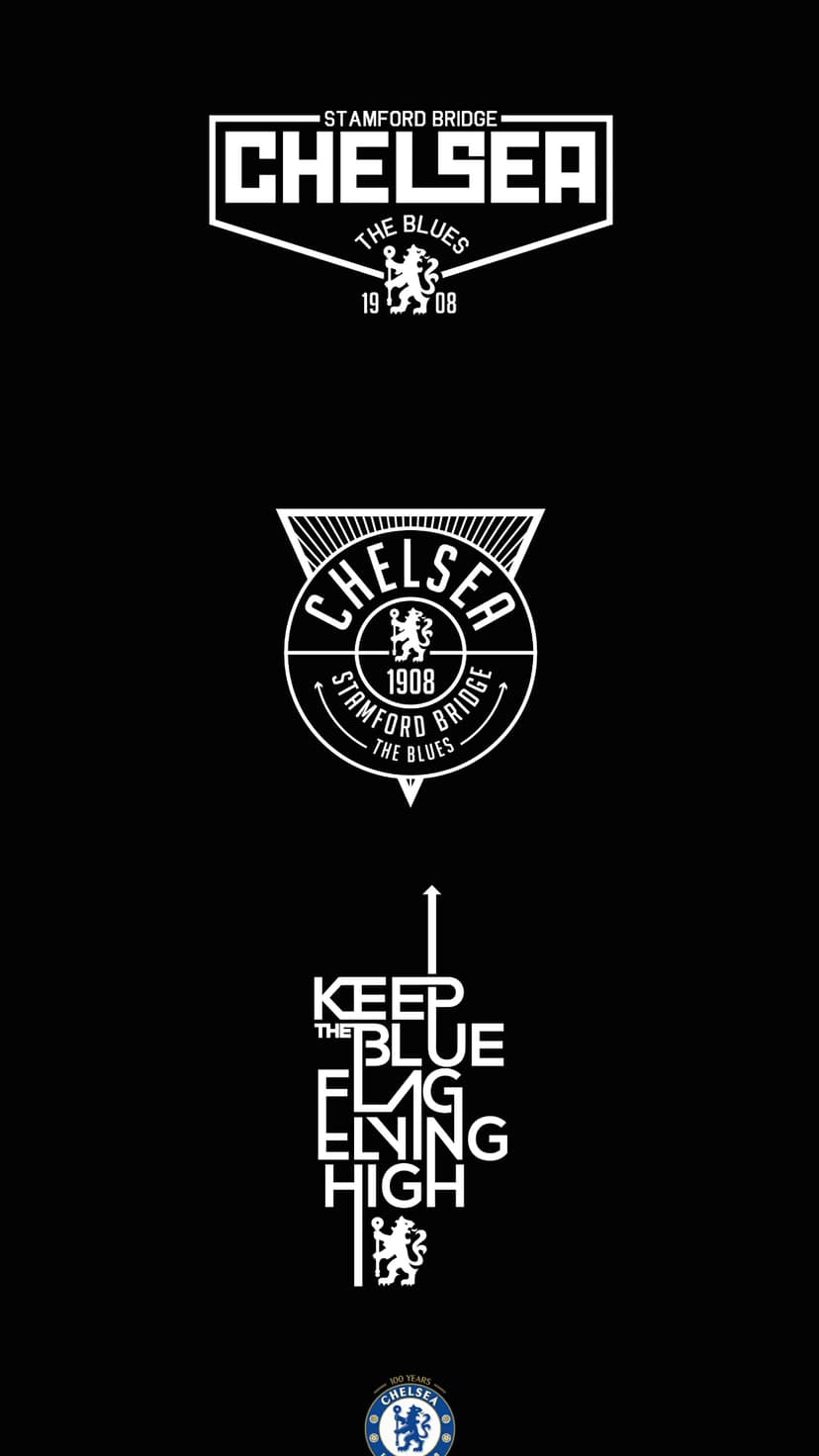 Chelsea FC lion crests and the Keep The Blue Flag Flying High motto appear in white on a black background.