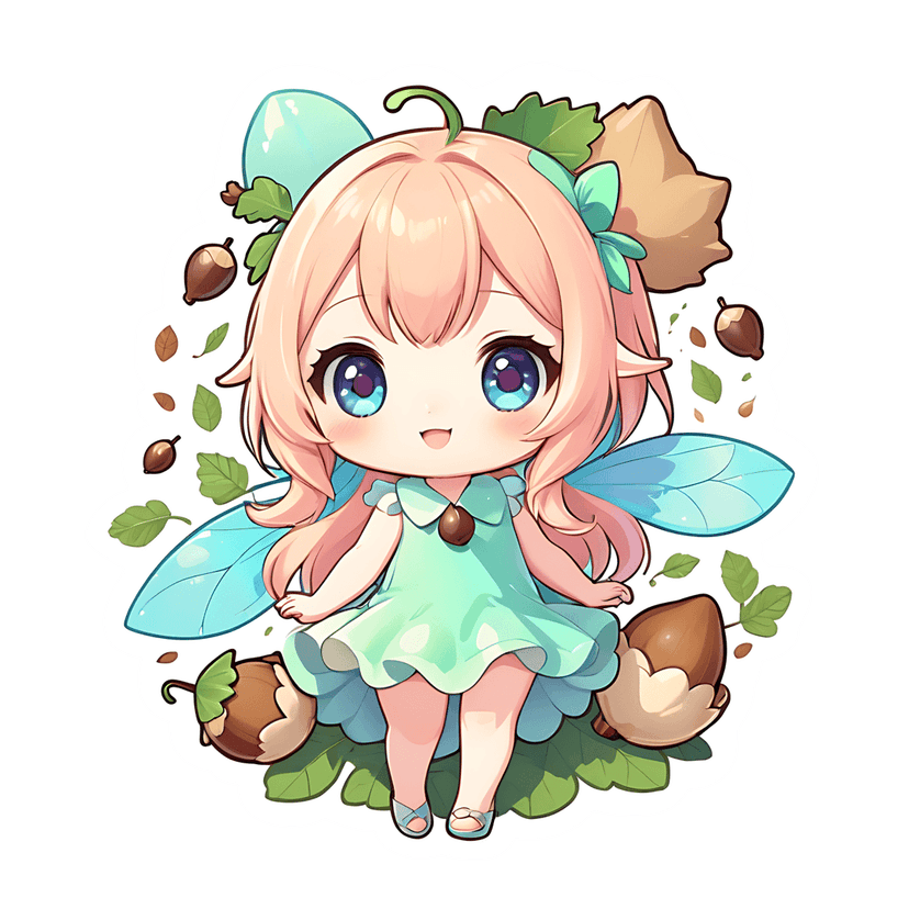 Chibi fairy sticker featuring pink hair and blue wings surrounded by green leaves and brown forest acorns.