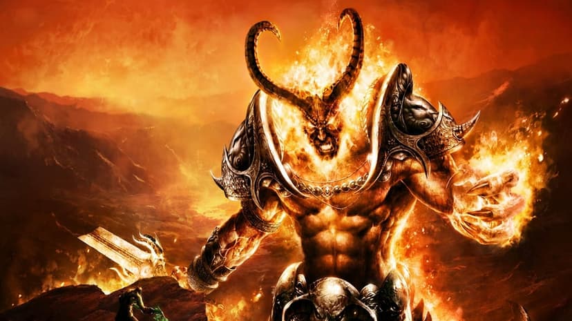 Giant flaming demon in spiked armor towers over a volcanic mountain range under a bright orange sky.