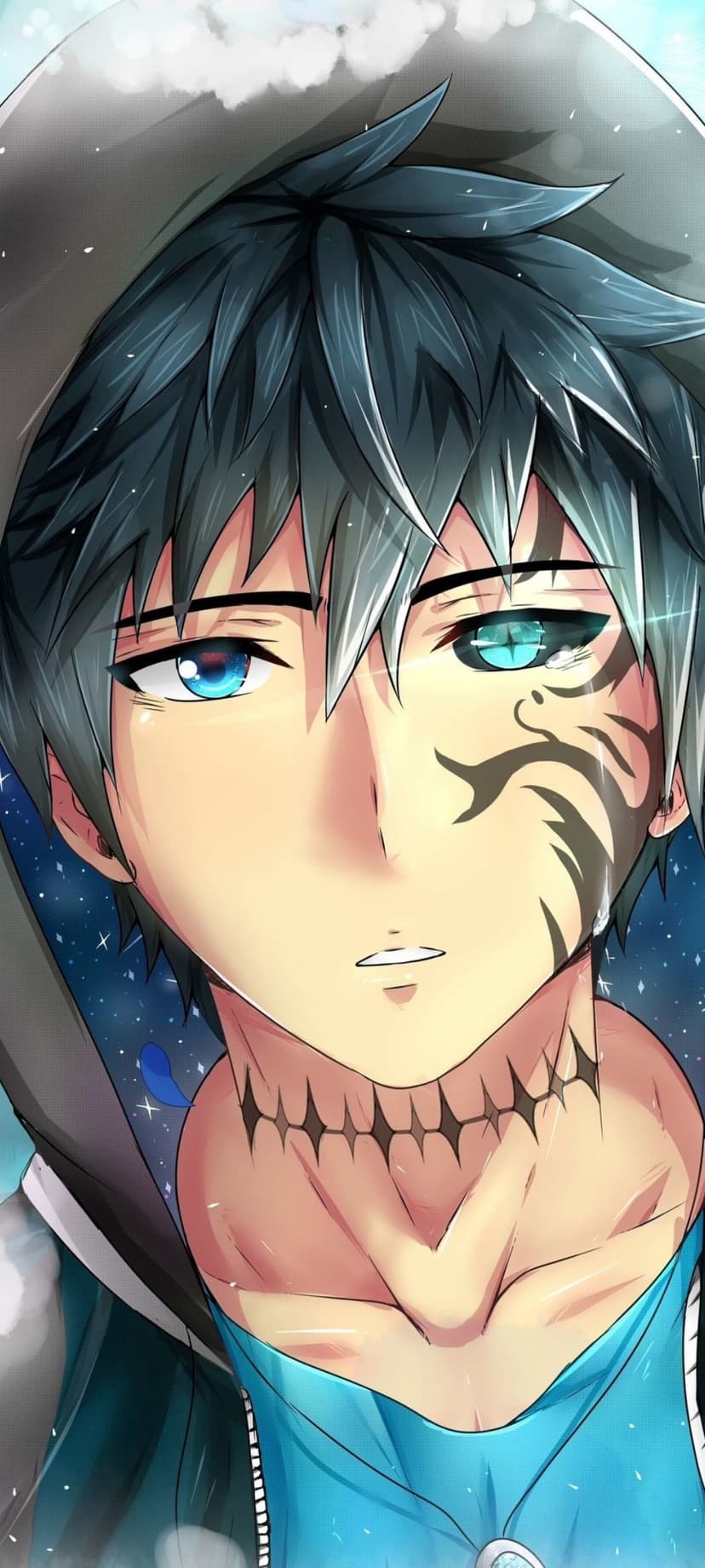 Male anime character with spiky dark hair, blue eyes, and facial tattoos against a starry night sky background.
