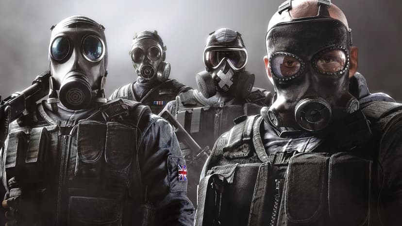 Four tactical operators in gas masks and black gear against a smoky gray background with intense lighting.