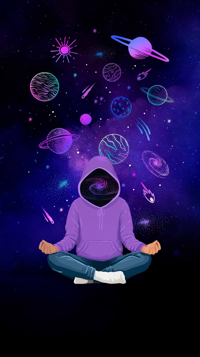 Person in a purple hoodie meditates with a swirling galaxy face among planets, comets, and glowing stars.