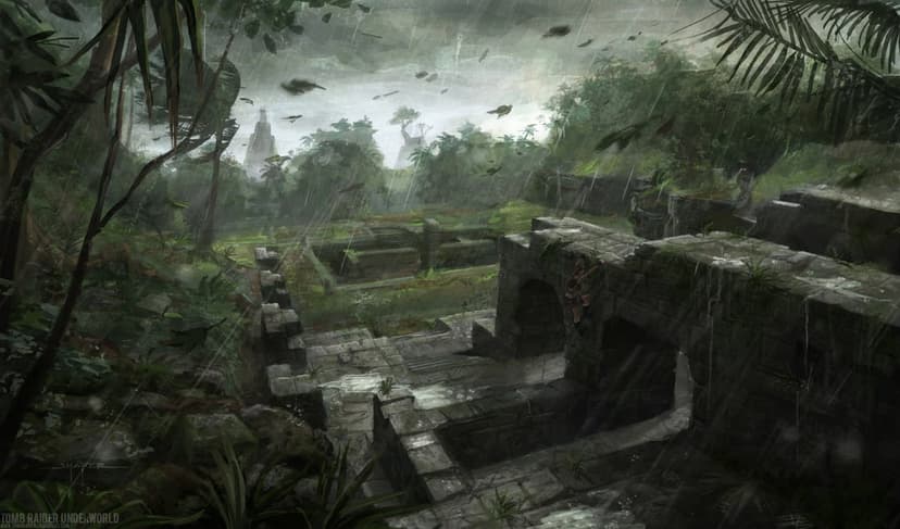 Lara Croft climbs mossy stone ruins in a dense, rainy jungle with distant ancient temples and lush foliage.
