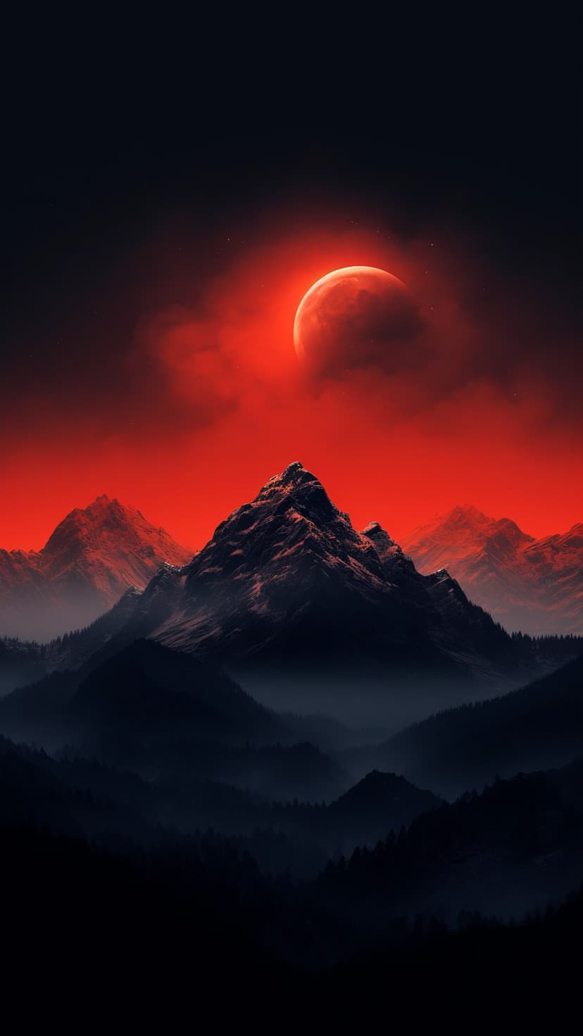 Blood red moon glowing behind clouds above sharp black mountain peaks and a misty pine forest at night.