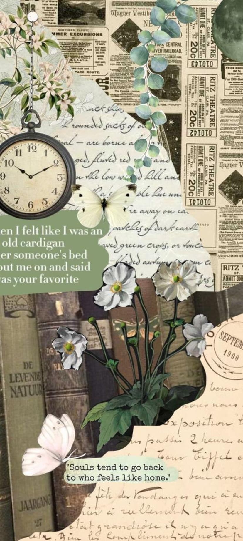 White flowers and butterflies rest on old newspaper clippings next to a pocket watch and stacked books.