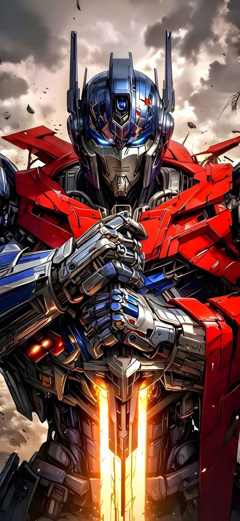 Detailed robot in red and blue armor holding a glowing orange sword against a grey cloudy sky with debris.