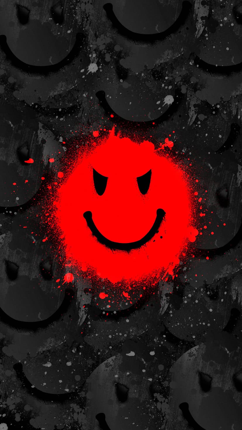 Red evil smiley face with spray paint drips centered on a black background with subtle grey facial silhouettes.