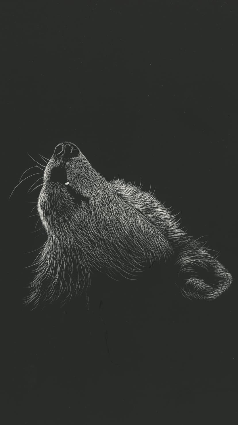 Wolf profile with detailed white fur textures howling against a solid black background in a vertical view.