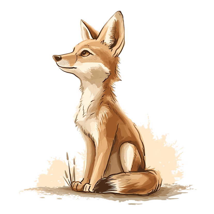 Fennec fox with large ears sits on sand against a black background in this stylized digital illustration.