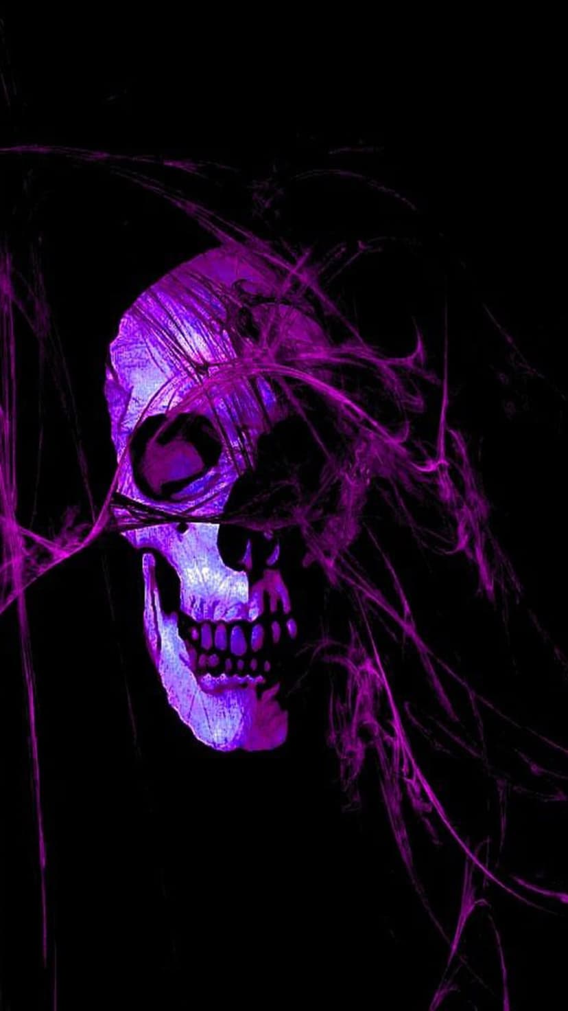 Purple glowing skull surrounded by ethereal wisps of violet smoke and nebulae against a deep black background.