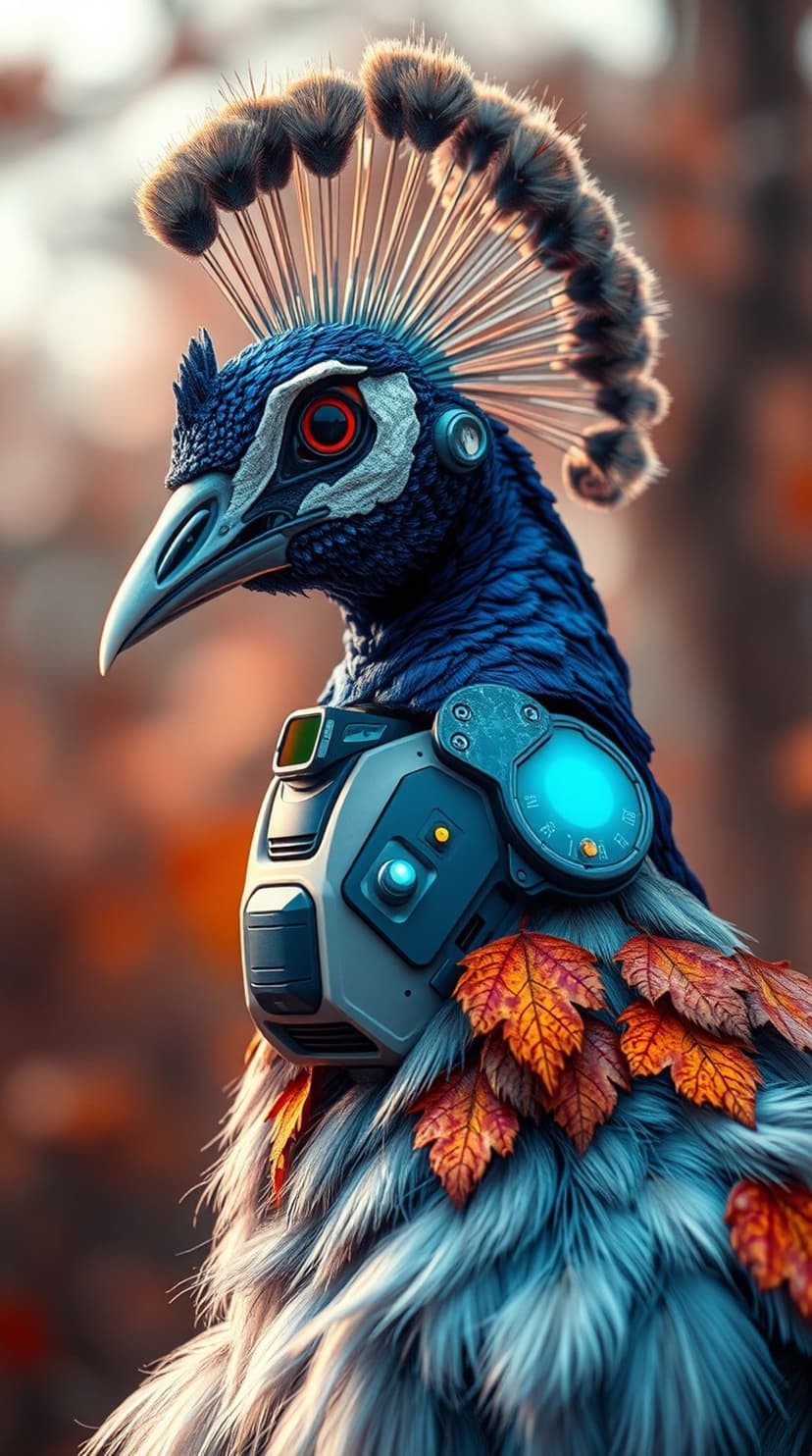 Peacock with glowing blue mechanical armor and metallic plating stands against a soft autumn bokeh background.