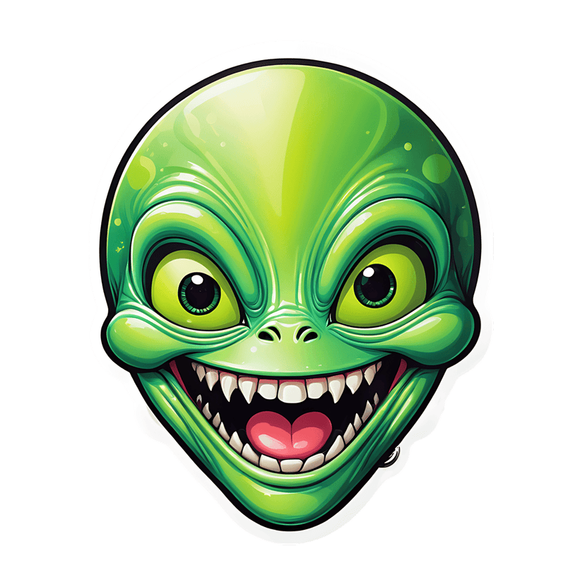 Green alien sticker with large yellow eyes and a wide grin showing a pink tongue against a clear background.