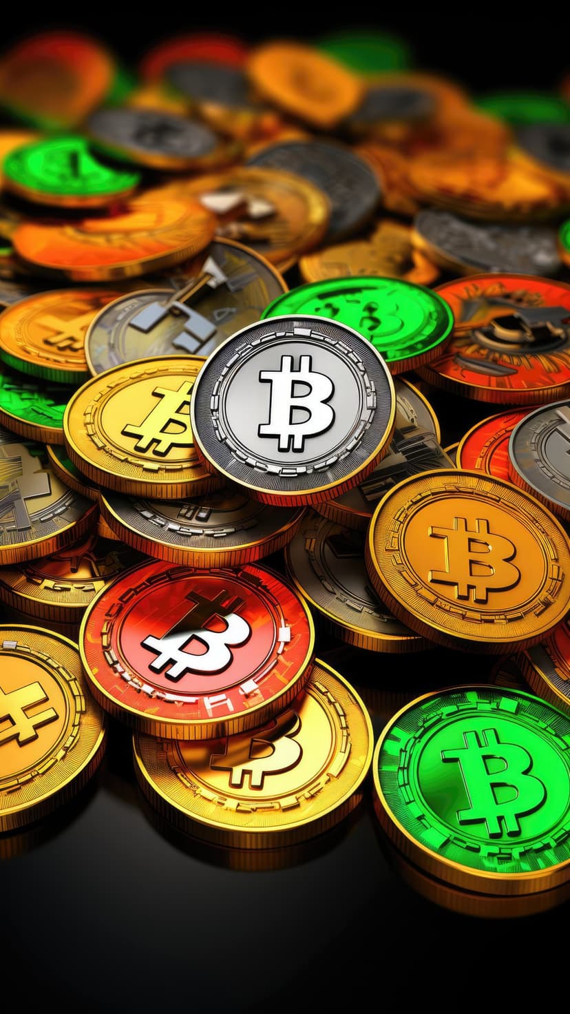 Bitcoin coins in gold, red, and green stack together on a dark reflective surface with visible etched symbols.