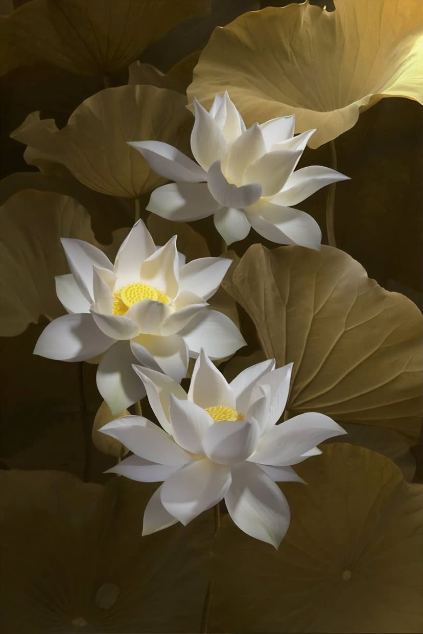 White lotus flowers with yellow centers bloom against oversized golden leaves in a soft, vertical composition.