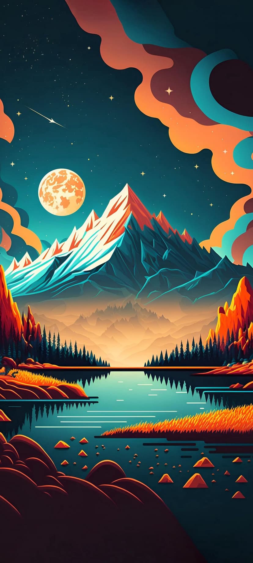 Jagged snow-capped mountains stand under a huge full moon and orange clouds, reflecting in a serene forest lake.