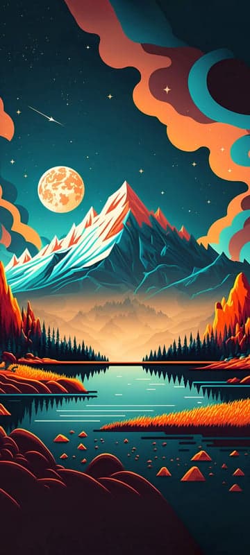 Vibrant Surreal Mountain Landscape Under a Full Moon