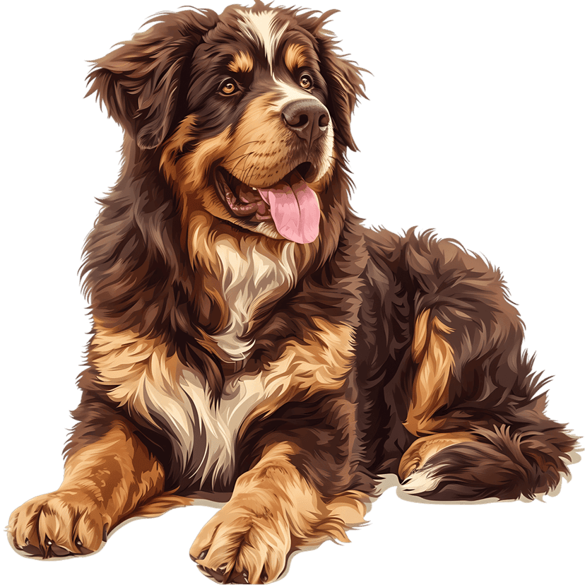 Bernese Mountain Dog lying down with tongue out shows detailed black brown and white fur on a clear background.
