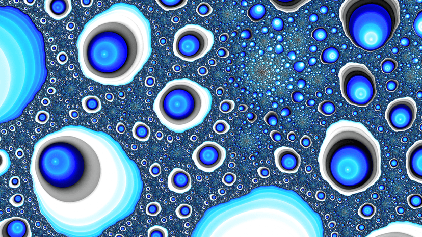 Cyan fractal geometry patterns feature glowing white swirls and intricate digital textures in high resolution.