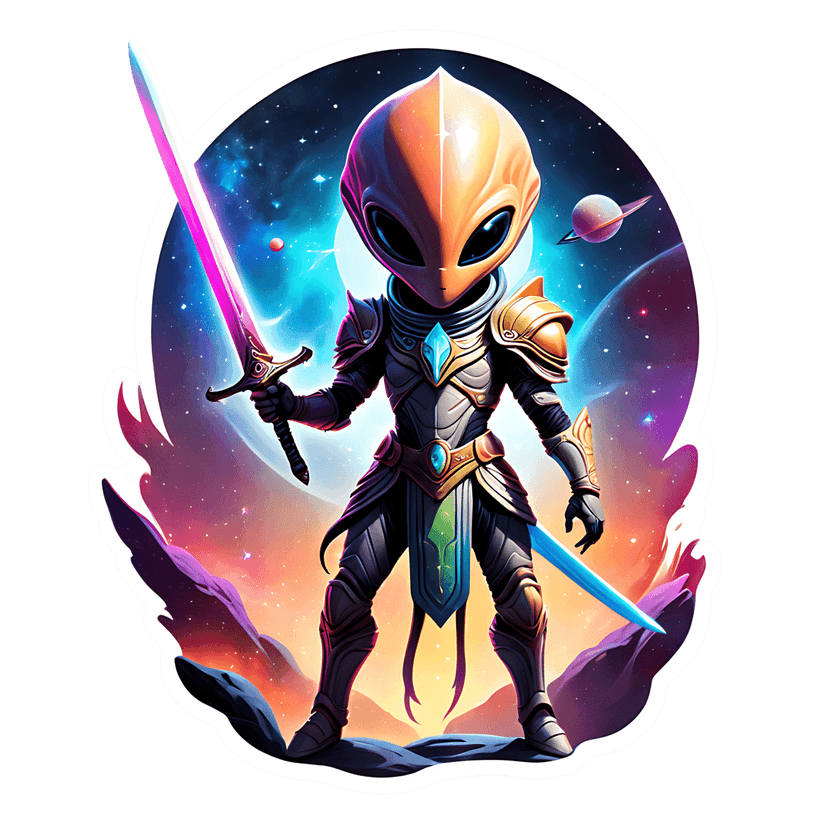 Armored alien warrior holding two glowing energy swords inside a circular cosmic nebula frame with stars.