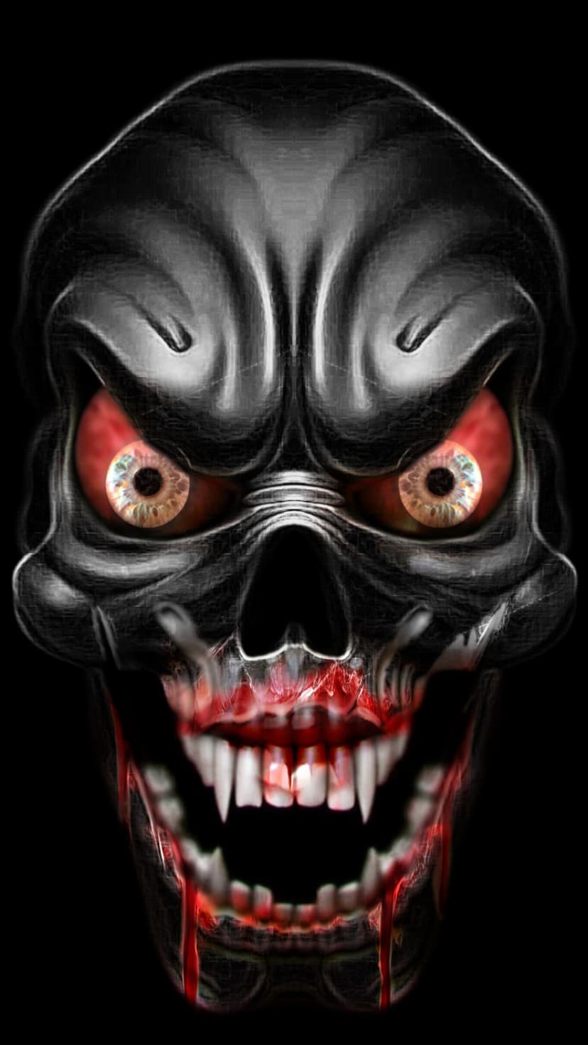 Skeletal demon skull with glowing crimson eyes and bloody fangs set against a pitch black background.