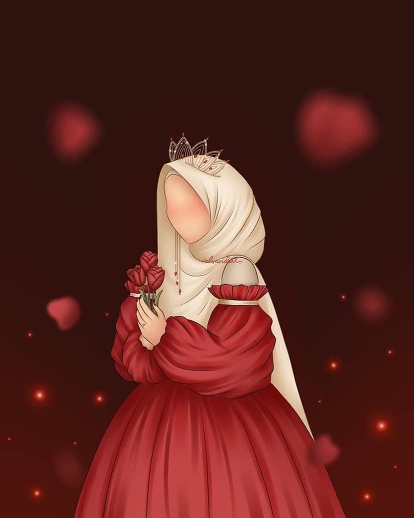 Muslim woman wearing a cream hijab and tiara holds red roses while dressed in a flowing scarlet gown.