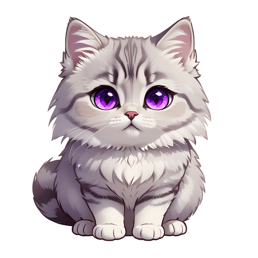 White and gray fluffy kitten sticker features large glossy purple eyes and a pink nose on a clean background.