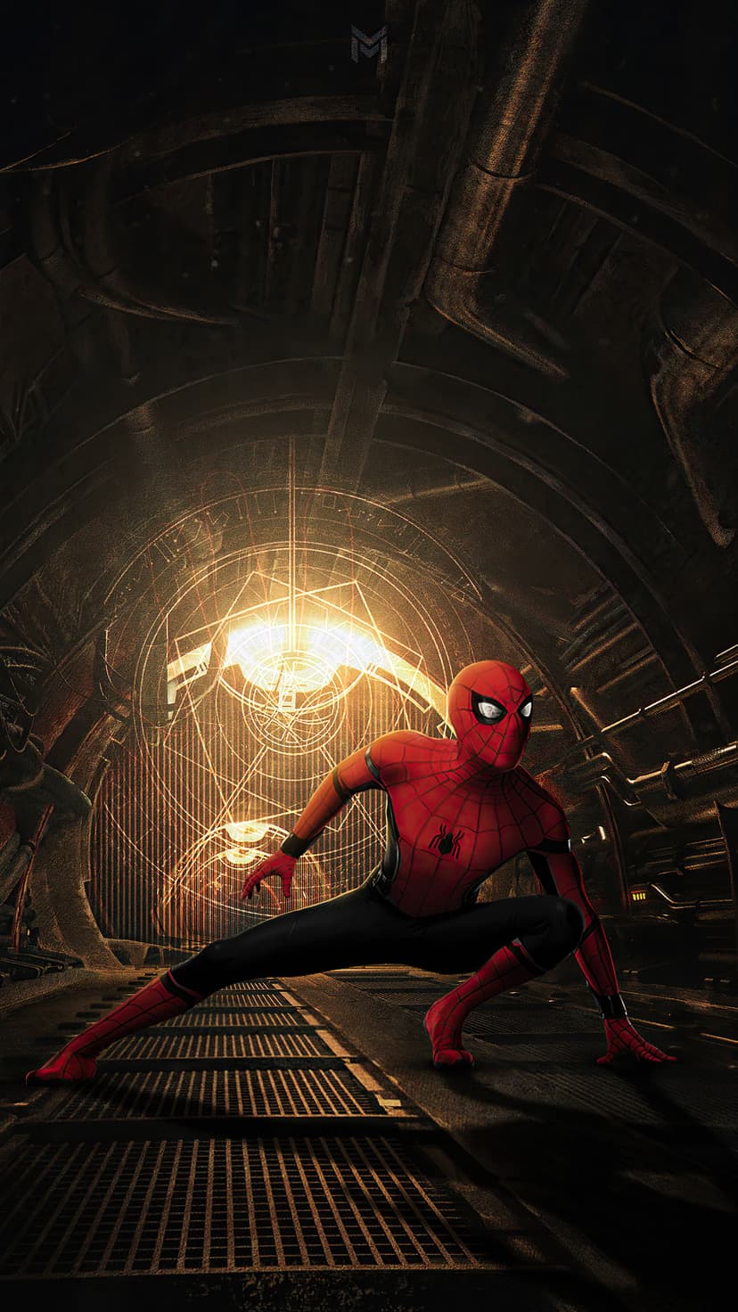 Spider-Man in a red and blue suit crouches in a dark tunnel with a glowing golden portal shining behind him.