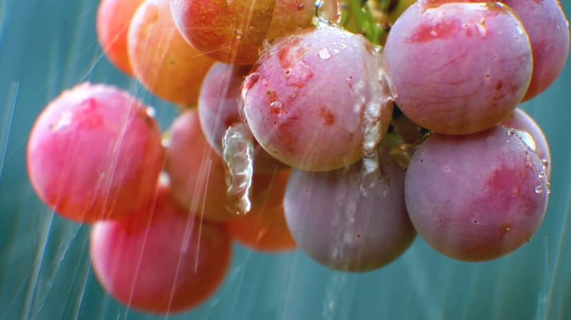 Ripe pink and red grapes covered in clear water droplets hang in a cluster with a blurred green leaf background.