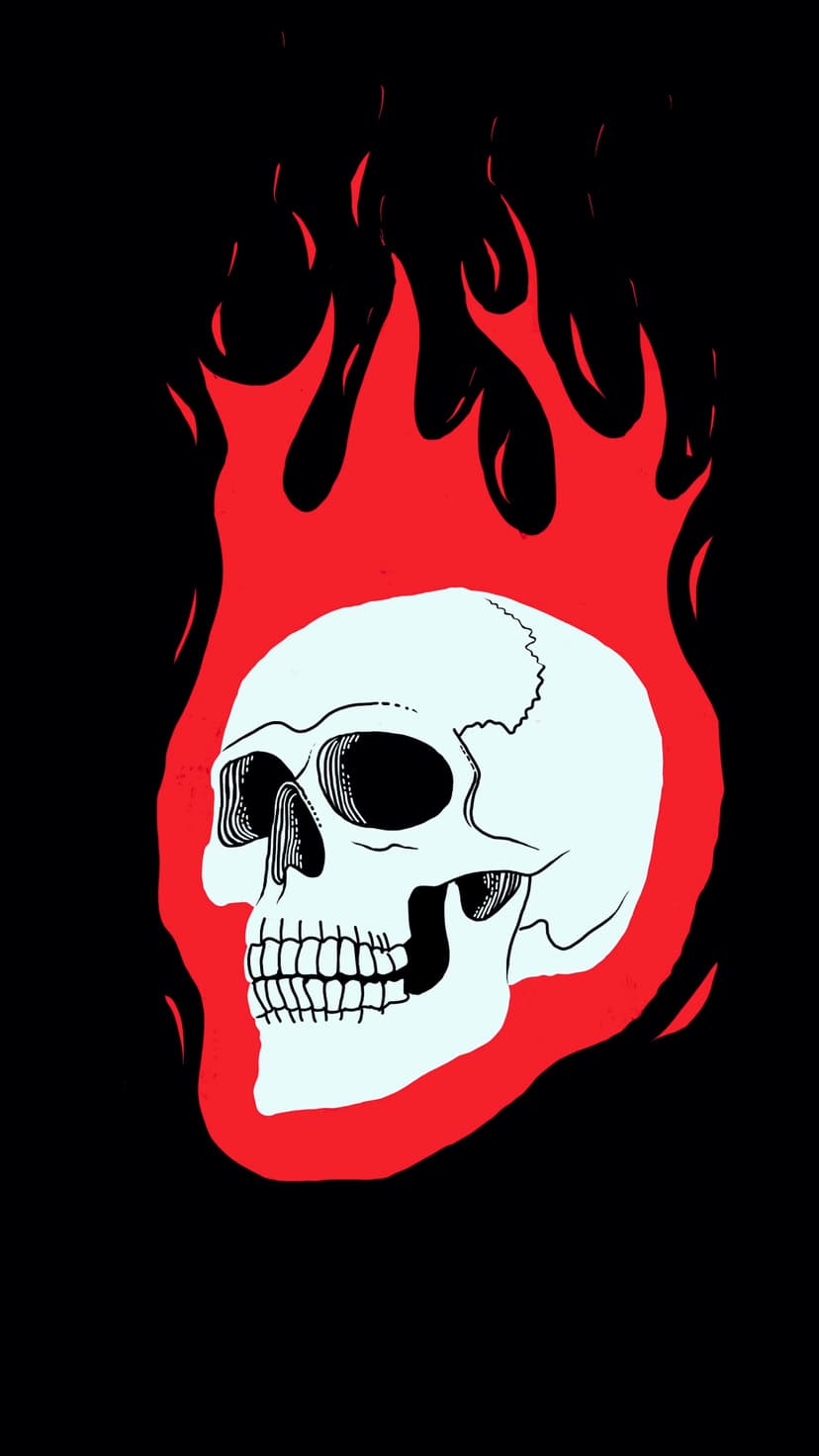 White skull with sharp red flames rising from its base against a solid black background in a vector style.