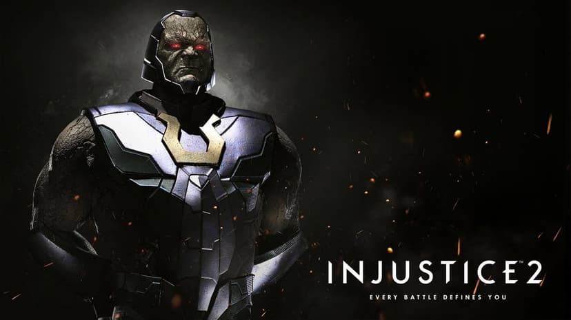 Darkseid with glowing red eyes and Omega armor stands against a dark smoky background with embers for Injustice 2.