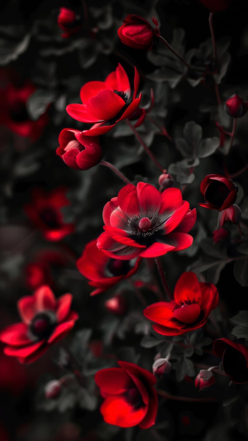 Red anemone flowers with detailed petals against a dark, shadowy background of desaturated garden leaves.