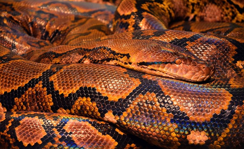 Boa constrictor head resting on coiled orange and brown iridescent scales in a macro wildlife close-up.