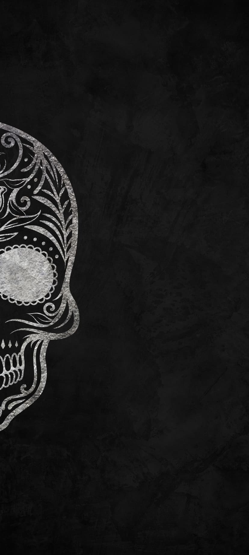 Silver sugar skull with intricate floral carvings positioned to the left on a grainy black textured background.