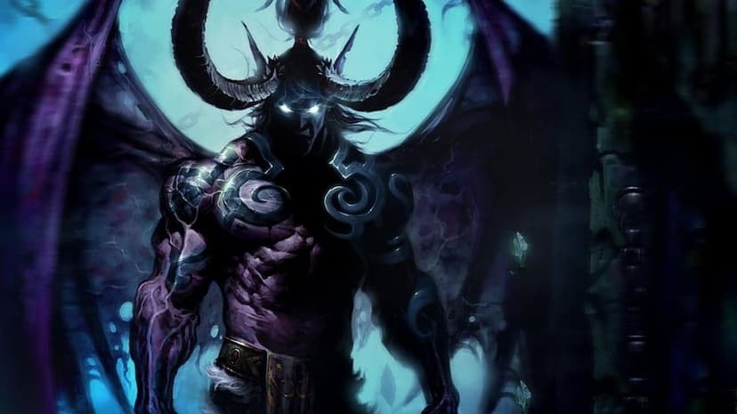 Muscular purple demon with glowing eyes, large horns, and tattered wings against a dark blue misty background.