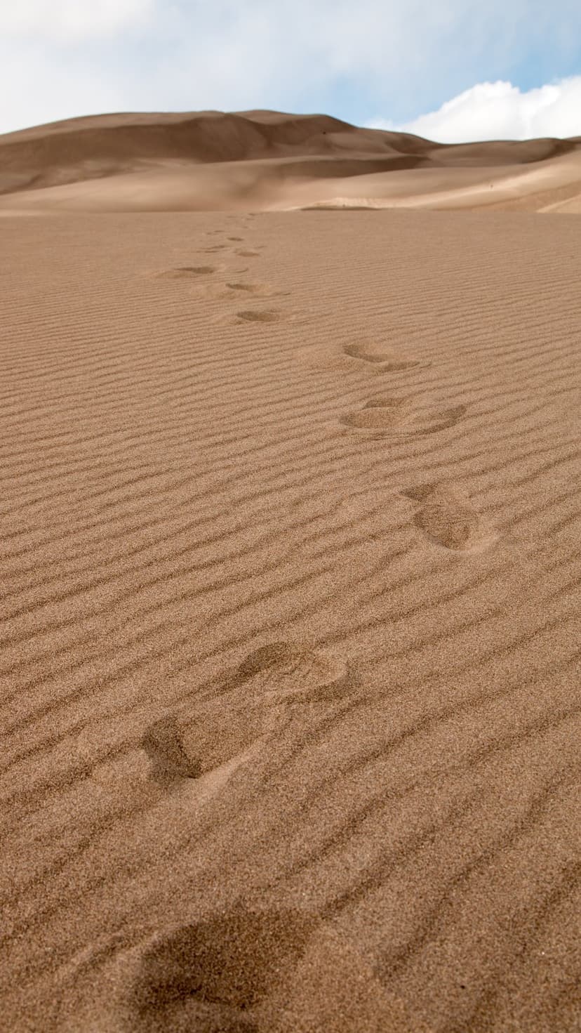 Human footprints curve across rippled sand dunes under a cloudy sky with distant hills in a vast desert.
