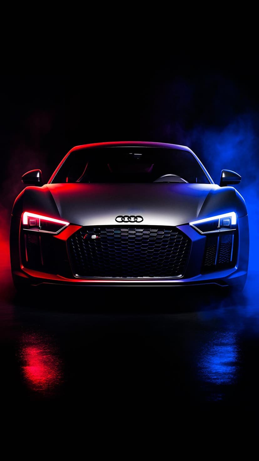 Audi R8 supercar with glowing red and blue highlights on a wet dark surface surrounded by misty smoke effects.