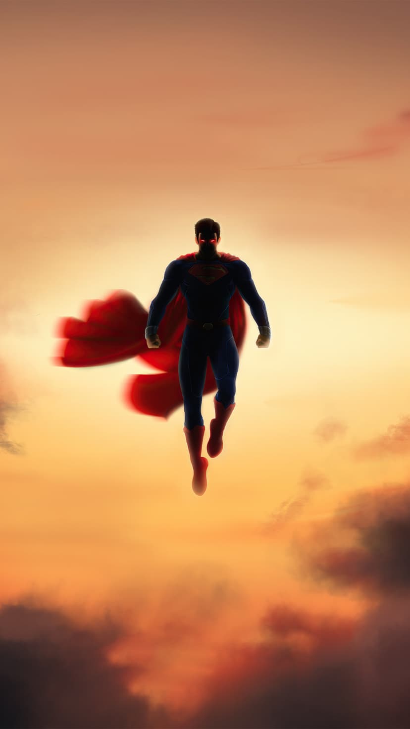 Superman flies through fiery orange sunset clouds with glowing eyes and a flowing red cape in a vertical view.