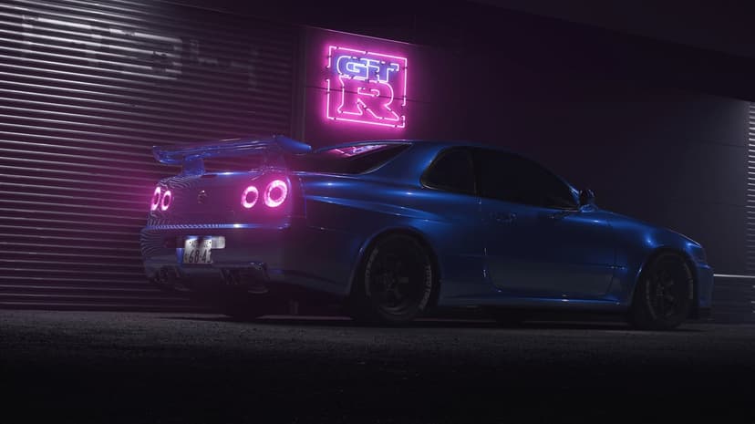 Blue Nissan Skyline GT-R R34 in a dark garage under a pink neon sign with glowing circular taillights.